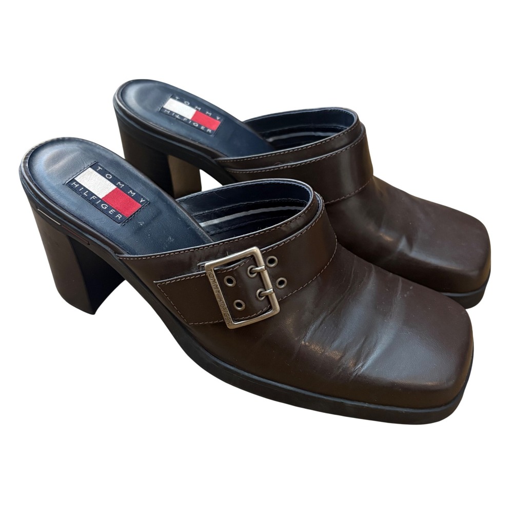 Vitnage 1990's Womens Tommy Hilfiger Platformn Square Toe Heel Leather Mule Clog